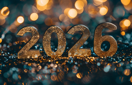 Celebration of the new year 2025 with sparkling decorations and vibrant bokeh lights in a festive atmosphereの素材