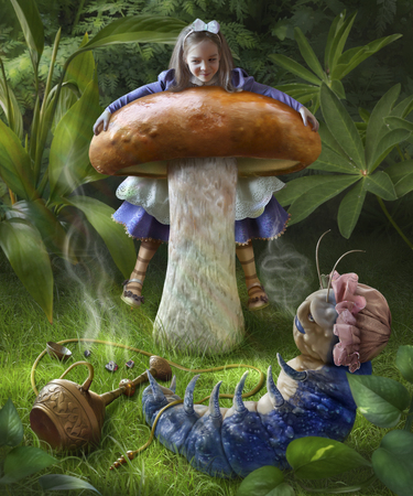Illustration for the fairy tale Alice in Wonderland. Alice sits on a mushroom, lies on the grass next to blue caterpillarの写真素材