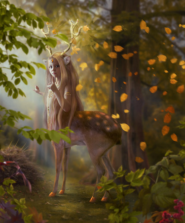 Passer meets fairy tale character in the autumn forest.の写真素材