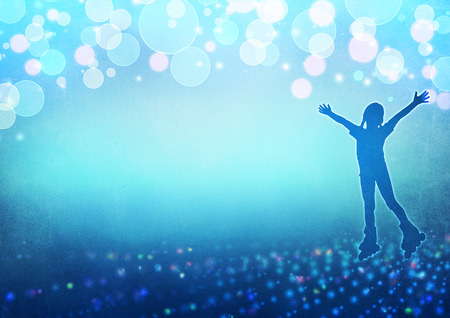 Blue background texture with a little girl on rollersの写真素材