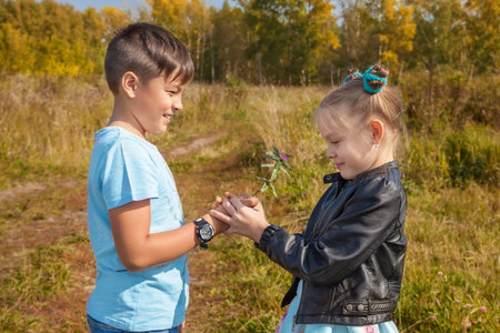 The boy gives a flower to a girl as a symbol of friendship or loveの写真素材