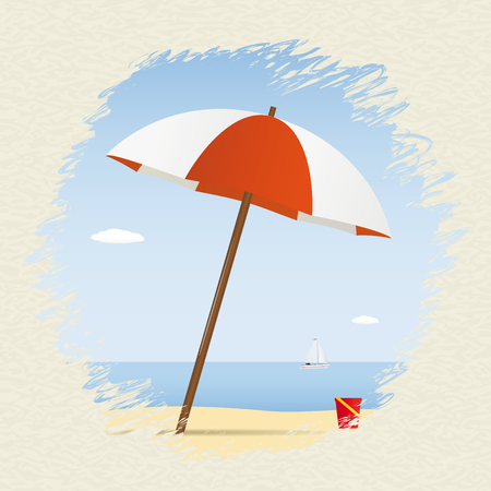 Summer theme. Umbrella on the beach with yacht. Vector illustrationのイラスト素材