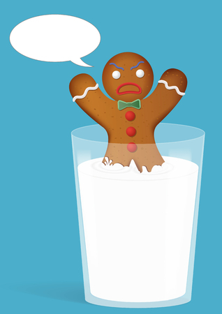 Gingerbread man in milk glass. Funny and angry. Vector illustrationのイラスト素材