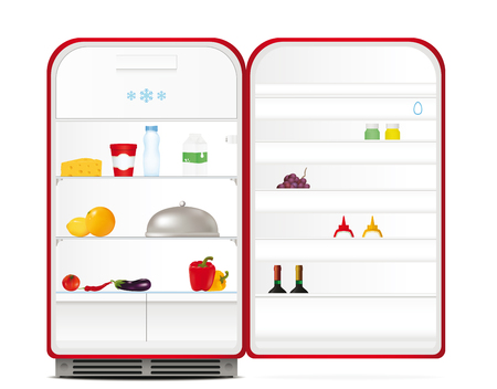 Red retro fridge with food and drinks. Vector illustrationのイラスト素材