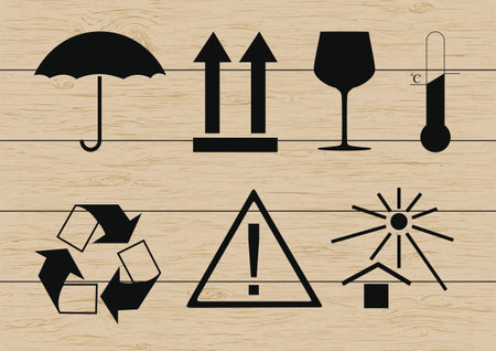 Packing symbols set on wooden background. Vector illustrationのイラスト素材
