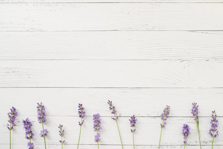 Composition of lavender on white wooden background. Border of violet fresh flowers. Free space. Top viewの写真素材