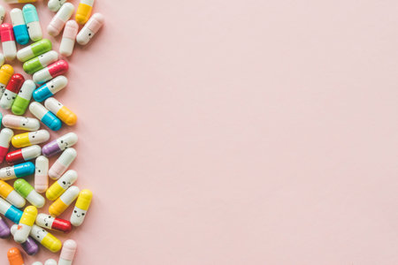 Pile of funny colored capsule on a pastel paper pink background. Copyspace. Top view. Border. Banner