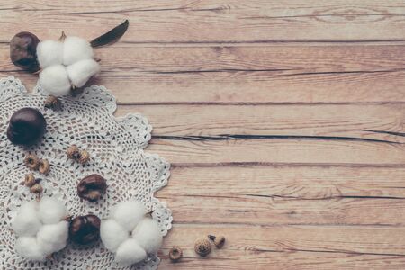 Autumn composition. Dried white fluffy cotton flower and knitted napkin top view on white wood with copy space. Floral compositionの写真素材