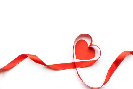 Top view of ribbon shaped as heart isolated on white background. Valentines day concept