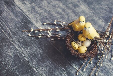 Easter background. Nest with easter eggs and decorative yellow bird on wooden background. Selective focus.の写真素材