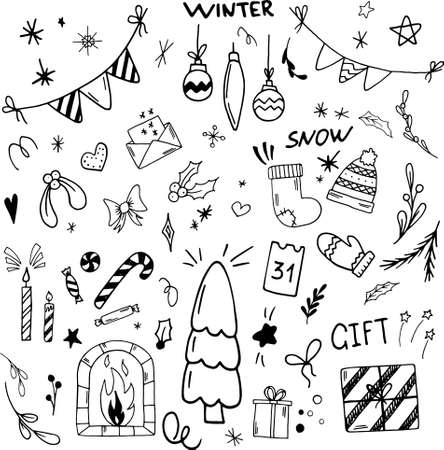 Hand Drawn Christmas And New year vector doodles setのイラスト素材
