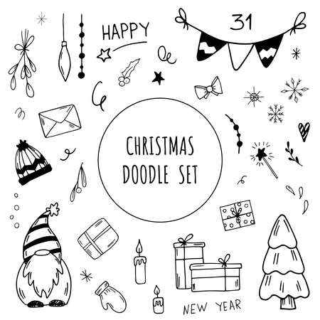 Set of Hand-Drawn Christmas Doodle s- Vector New Year Illustration Elementsのイラスト素材