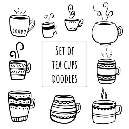 Set of Tea or coffee cup vector doodle hand drawn line illustrationのイラスト素材