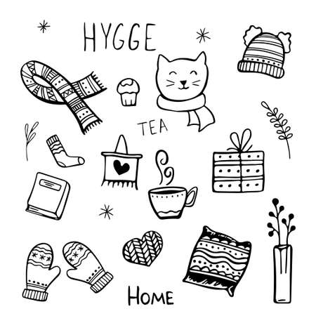 Set of hand drawn home hygge elements doodles in vectorのイラスト素材