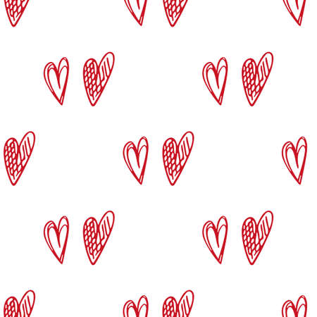Cute doodle style hearts seamless vector pattern on white. Valentine's Day handwritten background. Different heart shapes and silhouettes. Hand drawn ornament.のイラスト素材