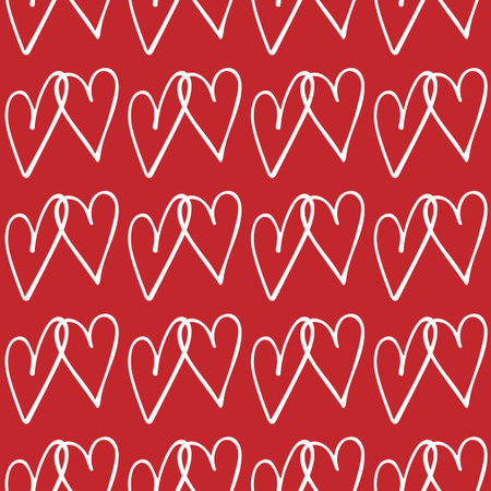 Cute doodle style hearts seamless vector pattern on red. Valentine's Day handwritten background....