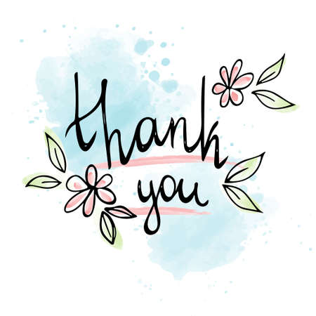Hand drawn Thank you postcard. Greeting card. Ink illustration on watercolor backgroundのイラスト素材