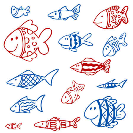 Set of red and blue fishes in doodle ink style. Hand drawn illustrationのイラスト素材