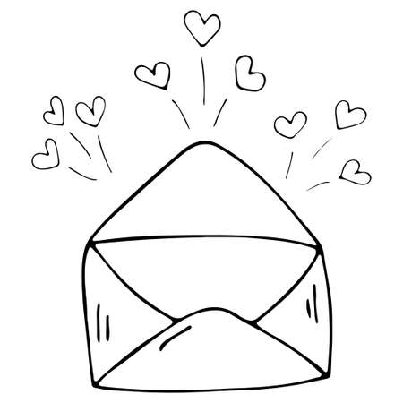 Doodle vector love letter envelope with hearts. Hand drawn logo or icon with thin black lineのイラスト素材