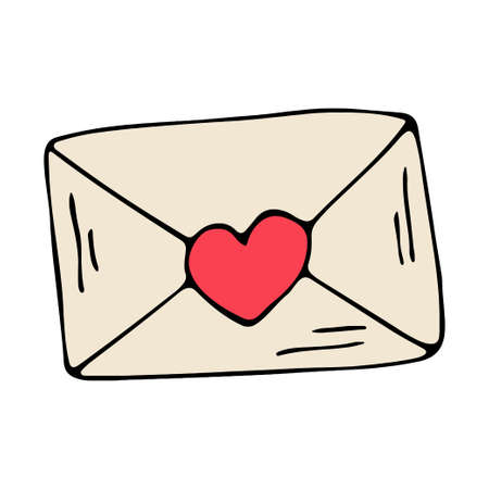 Colored doodle vector letter envelope with heart. Hand drawn logo or icon with thin black lineのイラスト素材
