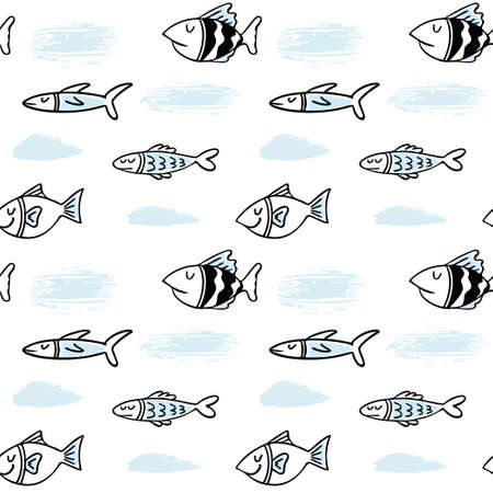 Vector fishes doodles seamless pattern.. Cute nursery clipart. hand drawn illustration. Perfect for textile print, baby shower, kids bedroom decor, birthday party, packaging design, wrapping paper, fabric in cartoon styleのイラスト素材