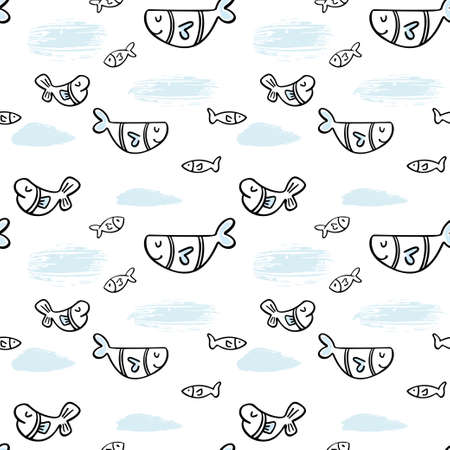 Vector fishes doodles seamless pattern.. Cute clipart. hand drawn illustration. Perfect for textile print, baby shower, kids bedroom decor, birthday party, packaging design, wrapping paper, fabric in cartoon styleのイラスト素材