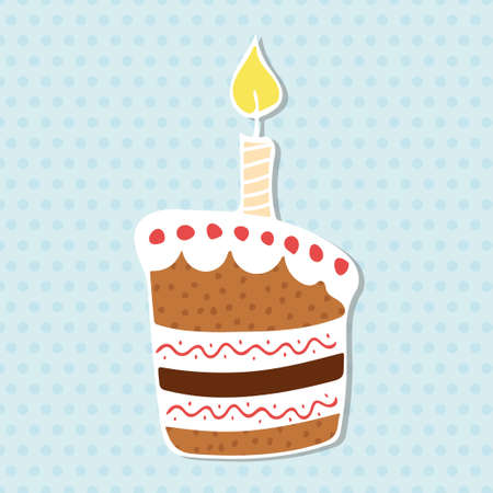 Colorful birthday cake with candle. Hand drawn outline illustration using doodle art on polka dot background.のイラスト素材