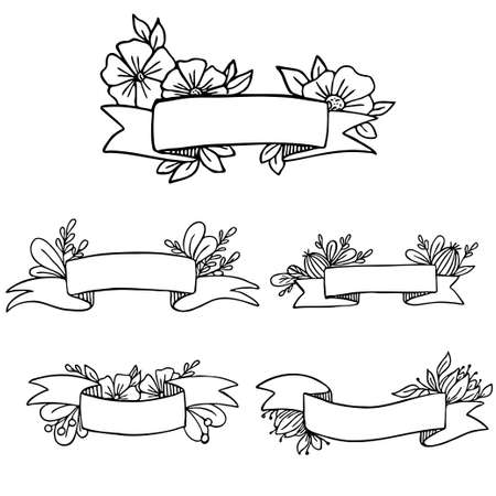 Vector doodle Banner with Wild Flowers. Vintage Floral Ribbon. Black and white hand drawn illustration.のイラスト素材
