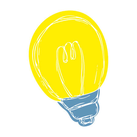 Vector hand drawn colored shining bulb isolated on white background. Illustration in doodle cartoon style for print, logo, icon, emblem, clothes.のイラスト素材