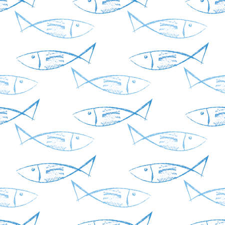 Vector fishes doodles seamless pattern.. Cute crayon hand drawn illustration. Perfect for textile print, baby shower, kids bedroom decor, birthday party, packaging design, wrapping paper.のイラスト素材