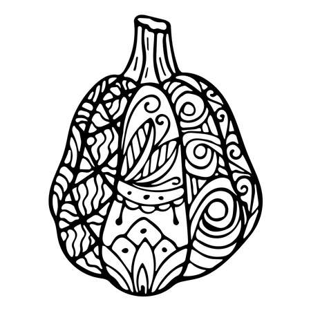 Vector hand drawn illustration of a pumpkin. Zen doodle and zen tangle with a pattern, anti-stress coloring, mosaicのイラスト素材