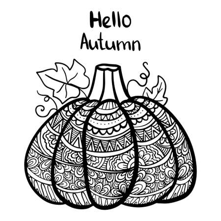 Vector hand drawn illustration of a pumpkin. Zen doodle and zen tangle autumn drawing with a pattern, anti-stress coloring, mosaic. Adult coloring page.のイラスト素材
