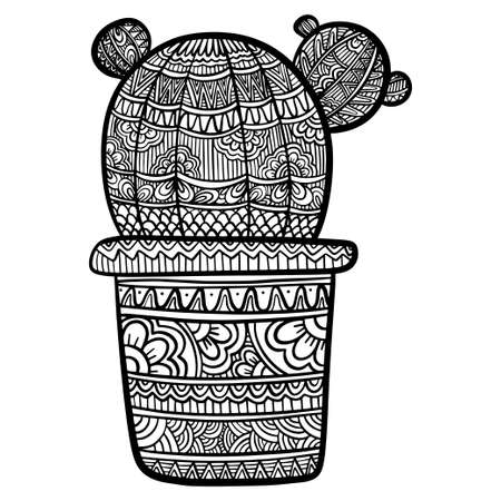 stylized doodle vector of succulent cactus in the pot. Zen art ornate page. Suits as tattoo or logo template, decorative drawing or coloring book sketch. Illustration for adult antistressのイラスト素材