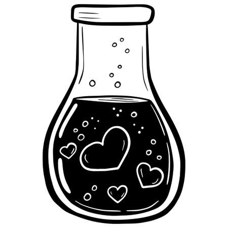 Vector doodle bottle of magic love potion. and drawn illustration. Hearts in jar.のイラスト素材