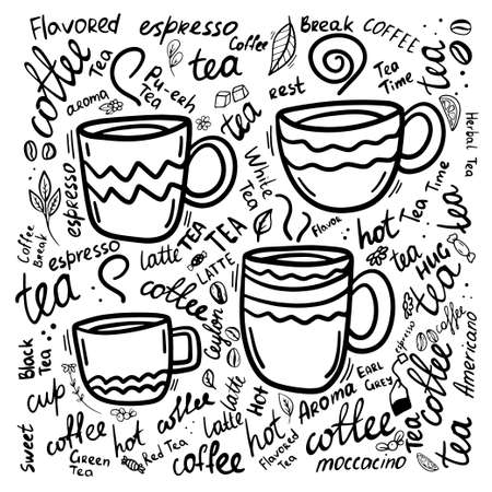 Set of Tea or coffee cup vector doodle hand drawn line illustration. Lettering, hand drawn words. Illustration isolated on white.のイラスト素材