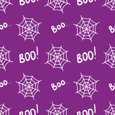 Cute hand drawn vector Halloween seamless pattern, violet doodle background. For Halloween print, banners, wallpapers, textiles, wrapping.のイラスト素材