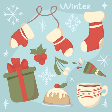 Set of Christmas or New Year elements. cute cozy hand drawn vector clip artのイラスト素材