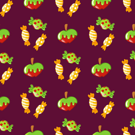 Sweet Halloween candy seamless pattern. Trick or treat background with sweats and apple. Vector Sweets repeated texture. Wrapping paper print, wallpaper illustrationのイラスト素材