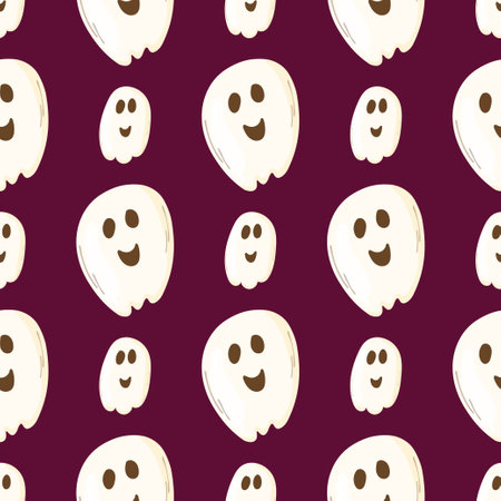 Haloween cute ghosts seamless pattern. Background with simple spooky character or smily ghostly monsters. Vector illustration for print, fabric, textile, wpapping paperのイラスト素材