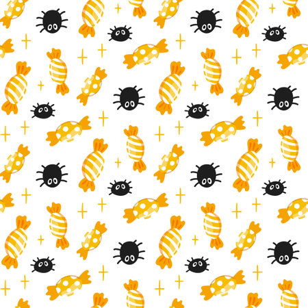Sweet Halloween candy seamless pattern. Trick or treat background. Vector Sweets with spiders repeated texture. Wrapping paper print, wallpaper illustrationのイラスト素材