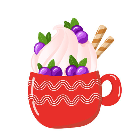 Christmas red cup with Hot chocolate or coffee with whipped cream and waffle rolls. Vector illustrations in cartoon style. Tasty warm drinkのイラスト素材