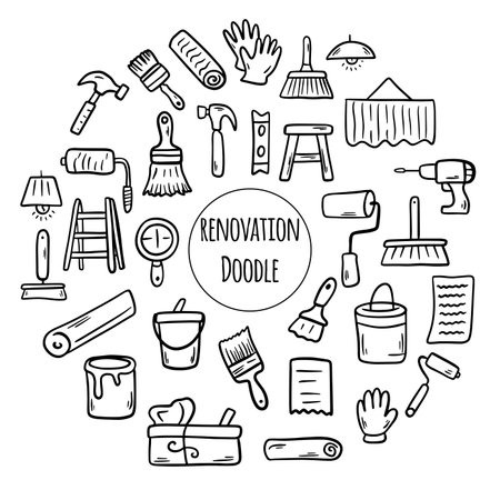 Doodle Construction tools set. Illustration of building and renovation. House repair concept collectionのイラスト素材