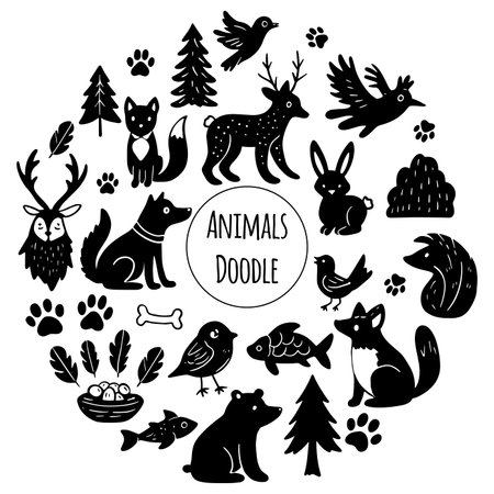 The doodle black illustration set of cute forest animals. Different cartoon animals for your projectsのイラスト素材