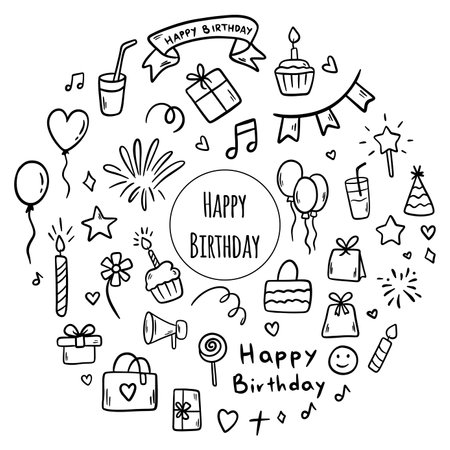 Set of Happy Birthday doodles. Sketch of Party decoration, gift box, cake, party hats. Hand drawn illustration isolated on whiteのイラスト素材