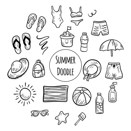 This is a vibrant and colorful collection of summer doodle icons perfect for various design and creative usesのイラスト素材