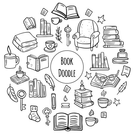 Sketches of open and closed books, stack of textbooks, dictionary or novels. Doodle cartoon hand drawn illustrations of literature for library, store, university or school isolated on white backgroundのイラスト素材