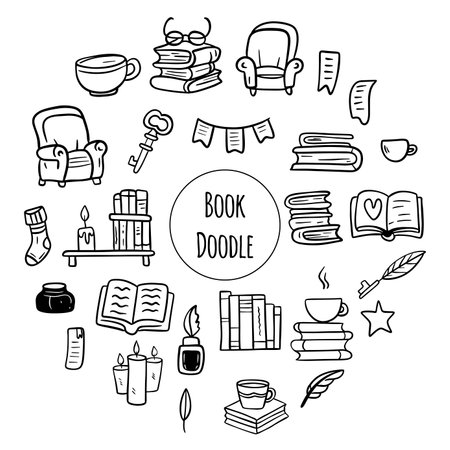 Doodle book collection. Educational illustration, books set icon. . Reading books concept.のイラスト素材
