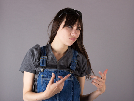 Expression Cute Young Millennial Woman Arguing Conferringの写真素材