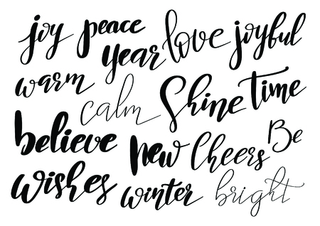Set of Merry Christmas and Happy New Year vintage hand drawn badges, quotes and phrases for gift tags, postcards. Modern calligraphic artwork in vector.のイラスト素材