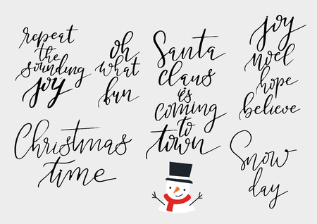 Set of Merry Christmas and Happy New Year vintage hand drawn logos, badges, quotes and phrases for gift tags, postcards. Modern calligraphic artwork in vector.のイラスト素材